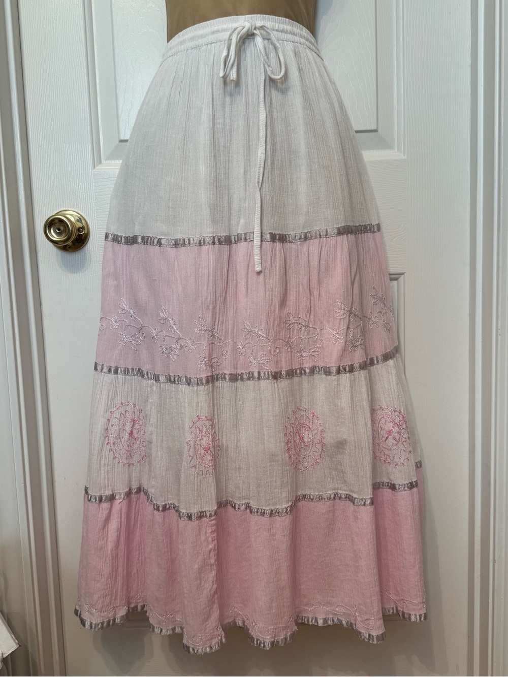 Vintage Laddi ~ Tiered Pink and White Maxi Skirt with Drawstring Waist / ONE